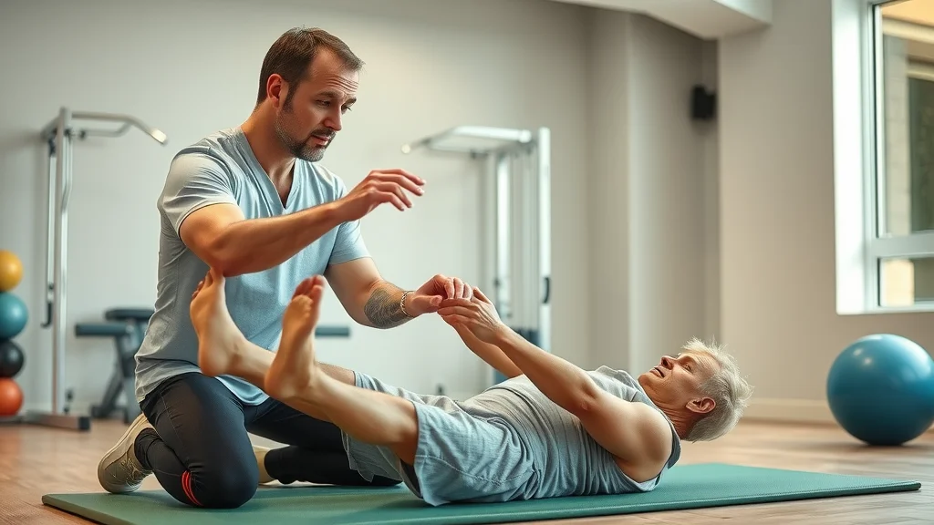 chiropractor sacramento rehabilitation, therapeutic exercise with patient, instruction on mat in Sacramento CA gym-clinic hybrid space, rich detail in movement