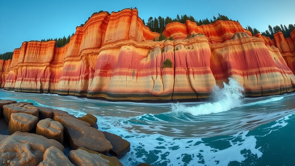 Colorful Pictured Rocks cliffs with waves crashing against rugged vibrant formations