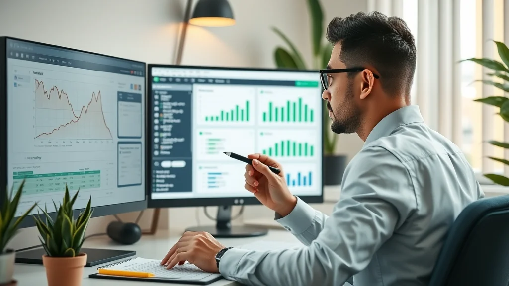 Accountant reviewing detailed data on a large screen, emphasizing careful workflows and minimizing human error in holistic accounting.