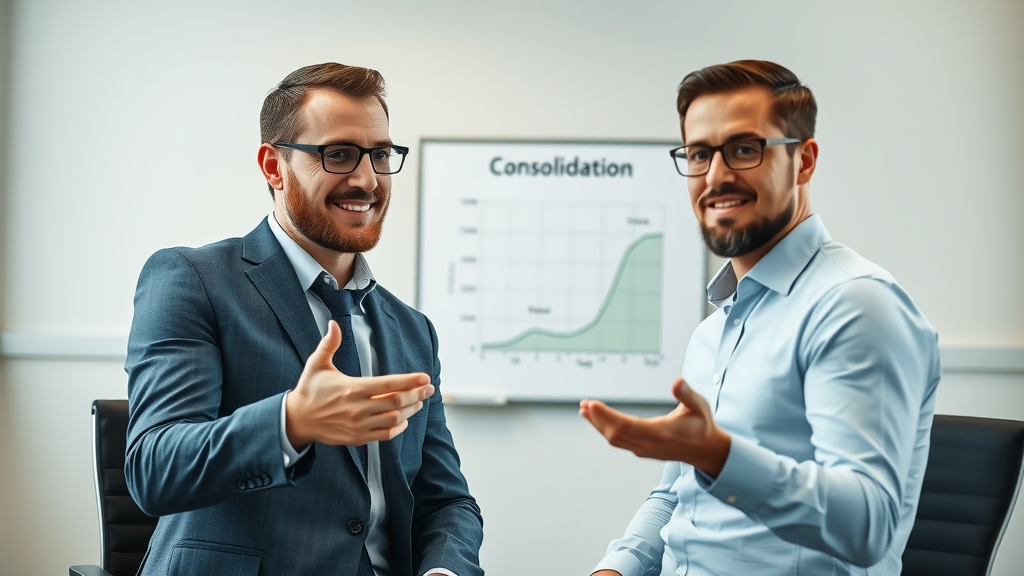 financial advisor discussing cash advance consolidation steps with business owner, pointing at graph