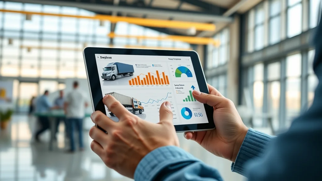 Connected digital logistics tools showing trucking load board and accounting software integration on a tablet in modern workspace