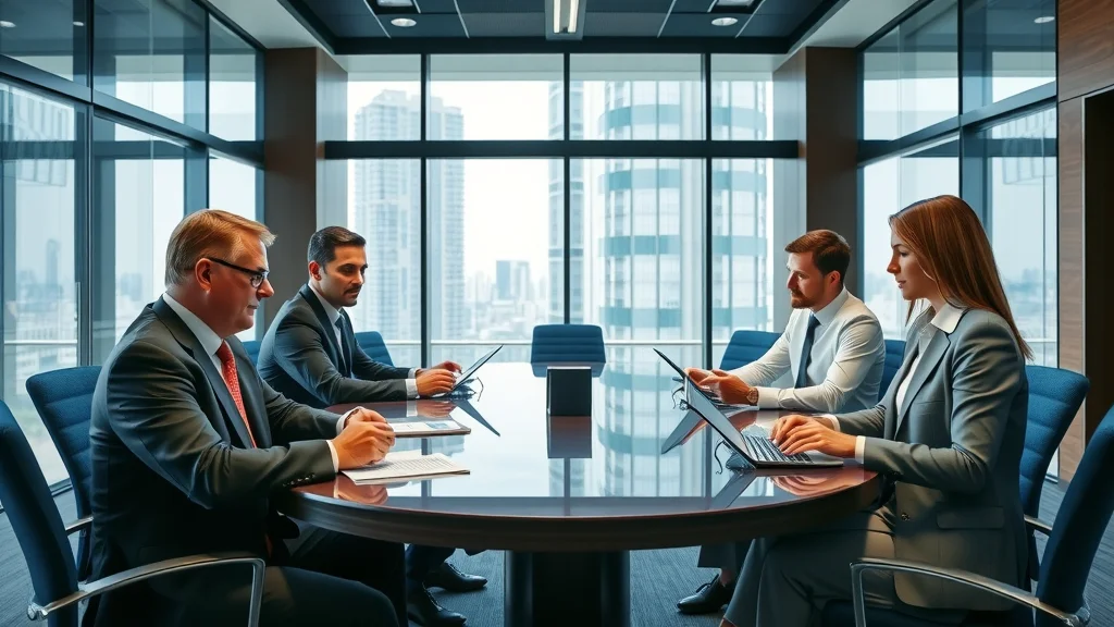Ethics board in executive meeting room overseeing ethical AI governance strategy