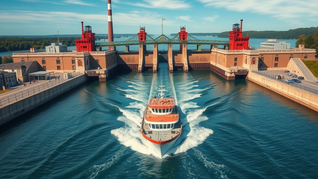 majestic Soo Locks bustling with watercraft navigating through in a historic setting