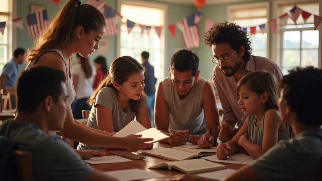 Diverse group of Americans reading the Constitution – why do we need the constitution, photorealistic, community center, patriotic decor, sunlight, respectful curiosity