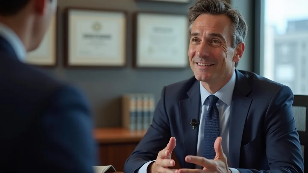 Professional Boston certified valuation analyst being interviewed in a formal office with cityscape backdrop