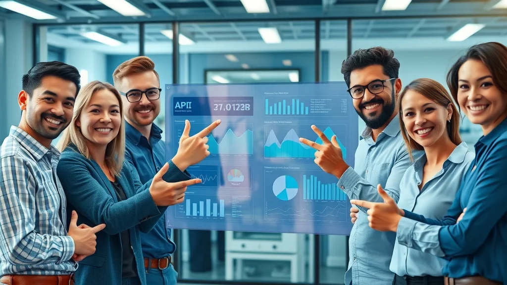 Professional case study illustration — diverse AI team, achievement and confidence, digital dashboard with analytics, innovation lab.