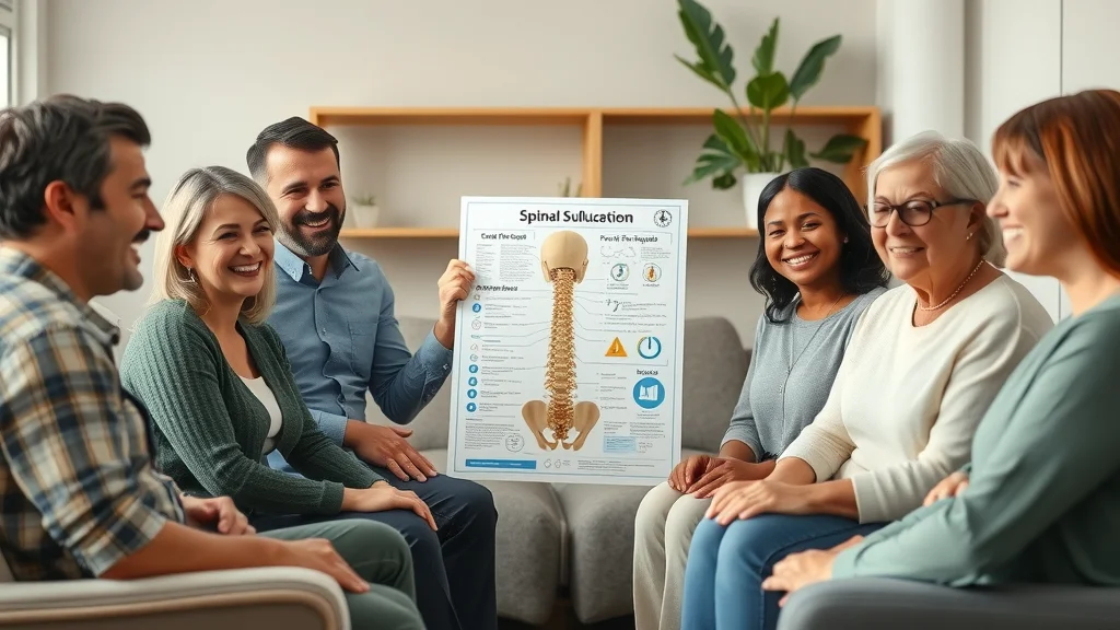 Inviting, diverse group of patients and a chiropractor gathered around a spinal subluxation chart — Smiling expressions, attentive listening, styled as Photorealistic set in a community wellness clinic with comfortable seating, featuring subtle interaction between characters, rendered with soft focus, natural skin tones, and detailed fabrics, realistic depth, emphasized with a warm, welcoming color palette, under gentle natural window light, captured as if shot with a 35mm lens.
