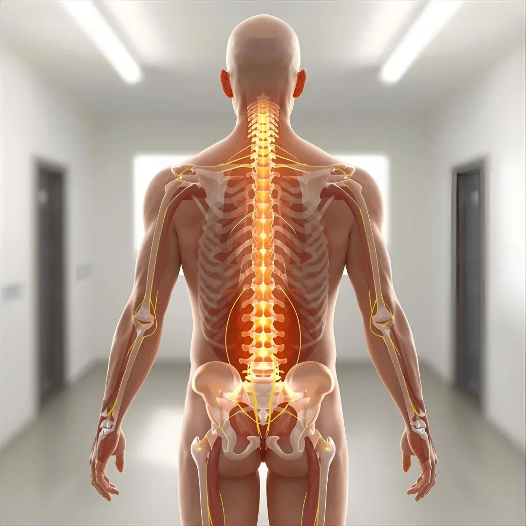 Lateral view of a human back showing highlighted lumbar and sacral spinal nerves radiating toward the lower legs, mapping nerve involvement in the chart of nerves from spine.