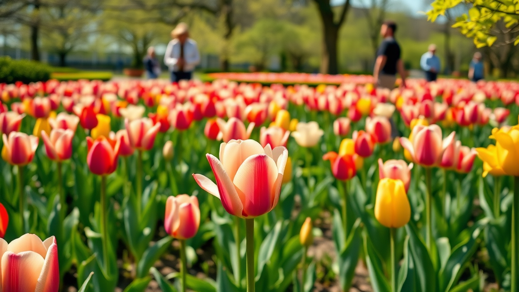 Visitors strolling through a blooming tulip garden in Traverse City during spring