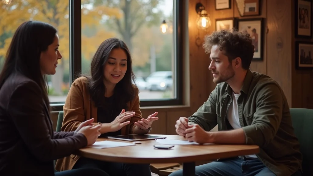 Marketer building trust with diverse clients over coffee, using digital tablet - relationship focus in scaling your marketing