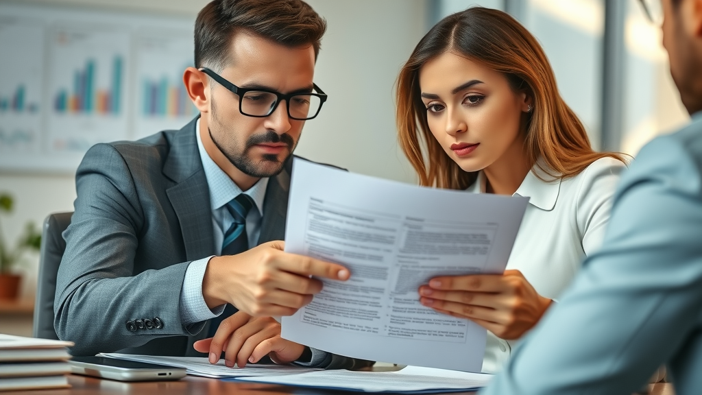 Business owner discussing heavy equipment loan documents with banker for new and used heavy equipment financing, reviewing paperwork, tidy office desk.