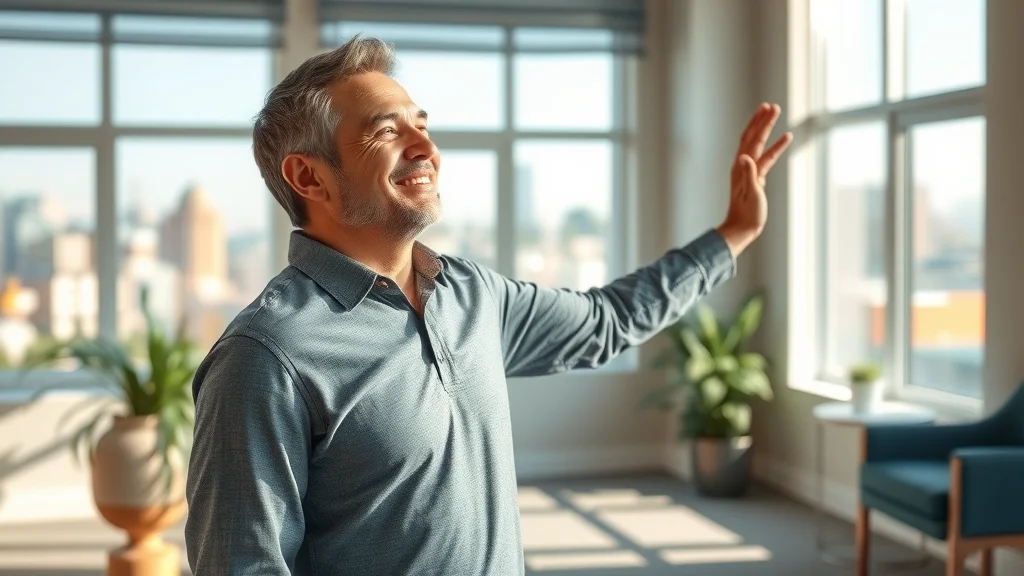 Satisfied Sacramento chiropractic patient smiling and stretching comfortably after successful treatment for back pain in a sunlit reception area with city views.