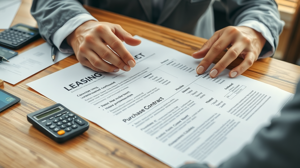 close-up of leasing and purchase contract documents for card sorting machine financing, comparison analysis