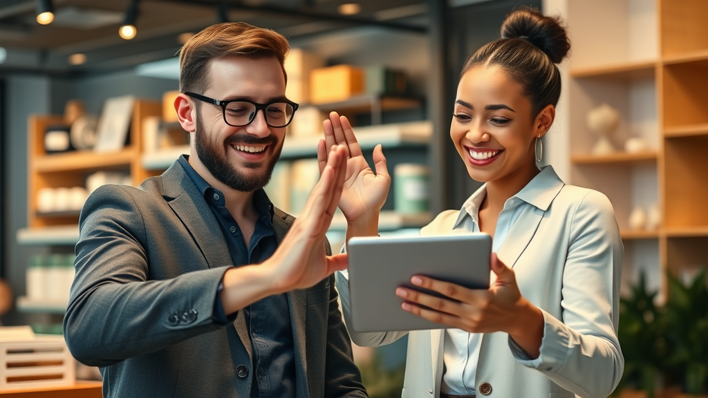 Business owners celebrating sales growth, reviewing data on tablet, small business internet marketing case study