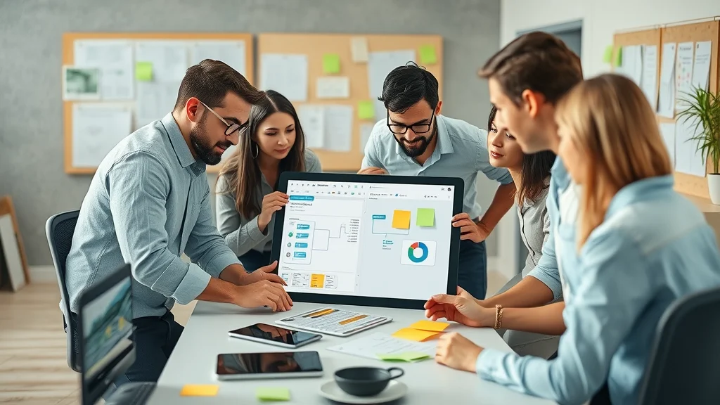 A business team collaborates on a workflow map with digital tablets, planning a holistic accounting process for better efficiency.