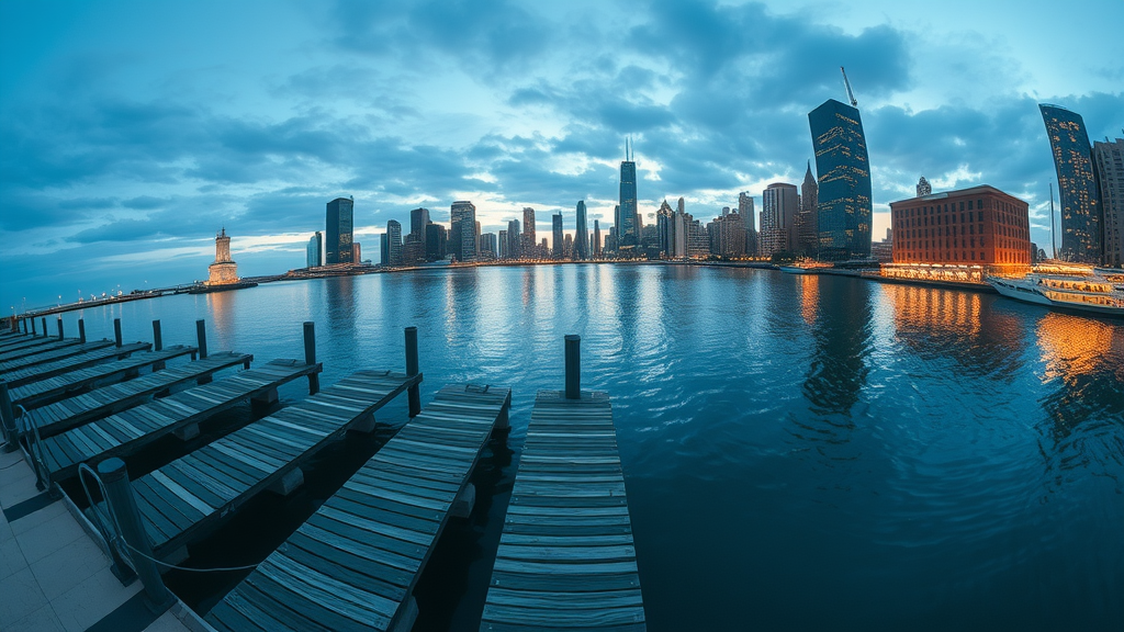 Futuristic skyline of Lake Michigan representing a hub for business lending