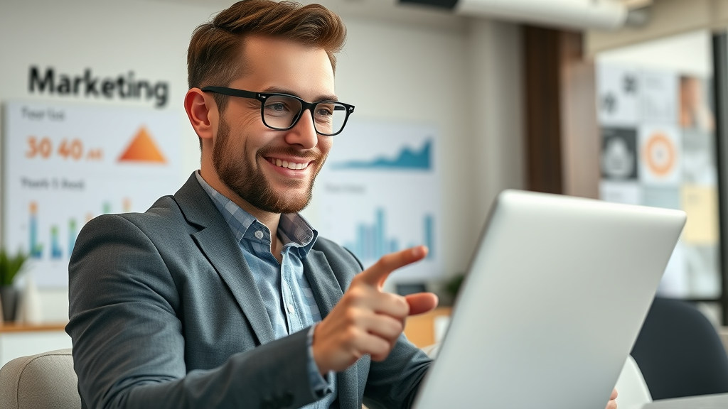 small business owner reviews digital marketing analytics on laptop in branded modern office with charts visible