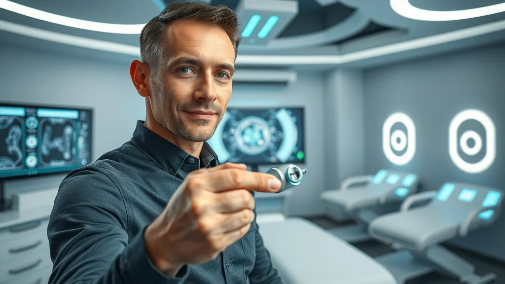 Futuristic chiropractic treatment room, chiropractor demonstrating modern adjustment tool, high-tech clinic, digital diagnostic screens, glowing therapeutic devices, 24mm wide-angle lens, no text or disfigured features