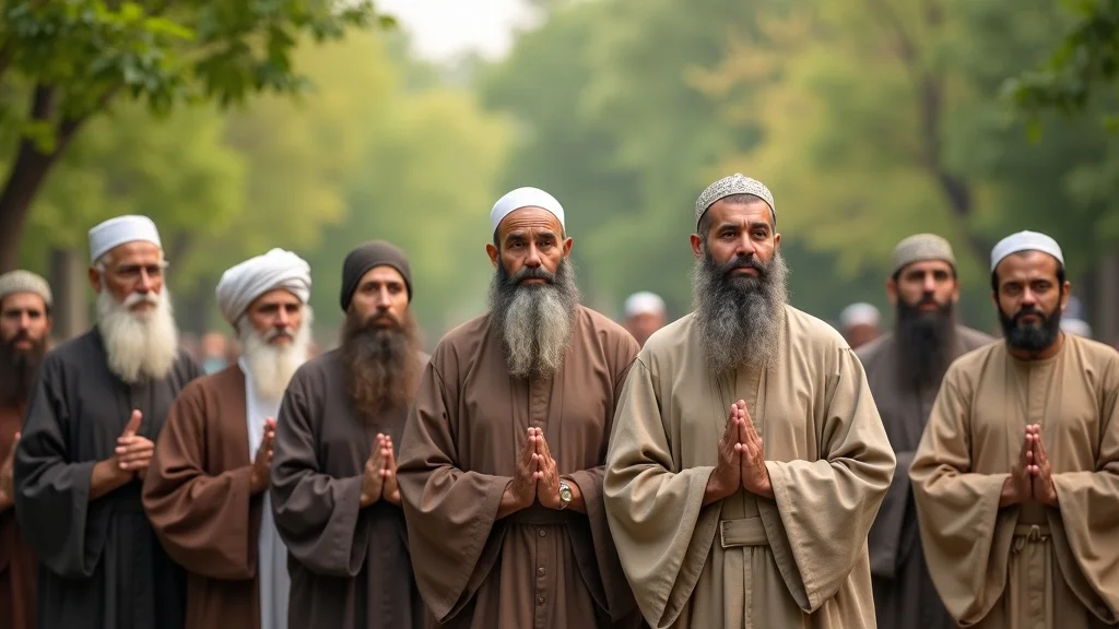 Multi-faith gathering representing Freedom of Religion—people in respectful traditional attire against natural park setting