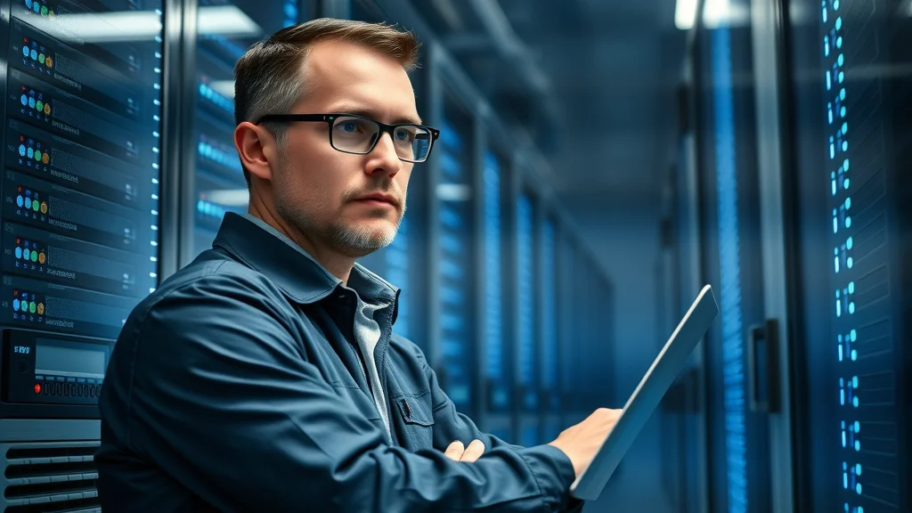 secure on-premise server room for management system with IT specialist monitoring equipment