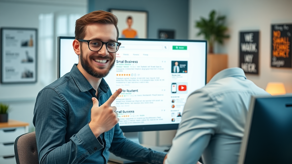 Business owner improving online presence and search engine rankings, showing positive online reviews