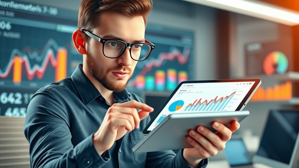 Professional SEO analyst reviewing analytics dashboard with dynamic visual SEO company reporting at a modern workspace.