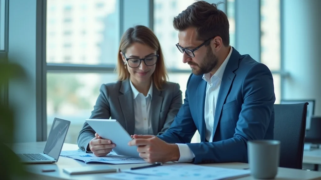 Professional accountants collaborating in a modern office reviewing digital charts, reputation management for accounting firms, photorealistic, blue and white palette.