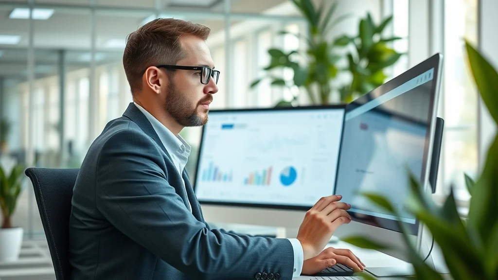 businessperson analyzes ai-powered software dashboard for business operations in a bright modern office
