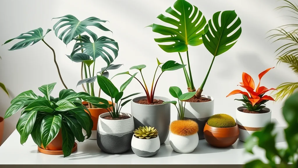 Trendy indoor plant showcase—a curated flat-lay of top exotic plants like monstera deliciosa, thai constellation, orange lake, and moss art for stylish interior scaping.