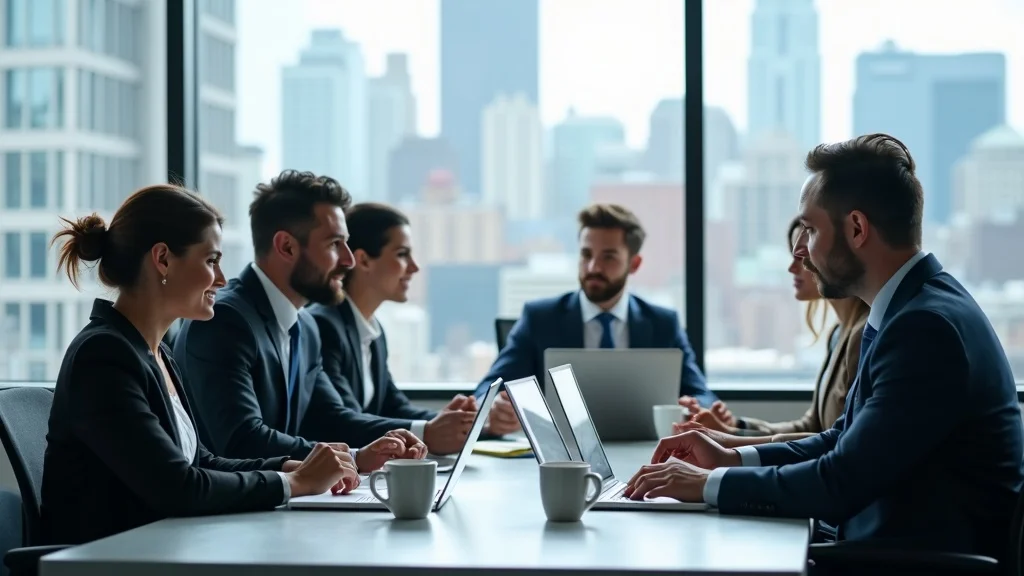 Dynamic team of professional business brokers consulting with a Boston business owner during the business sales process Boston in a modern office with city views.