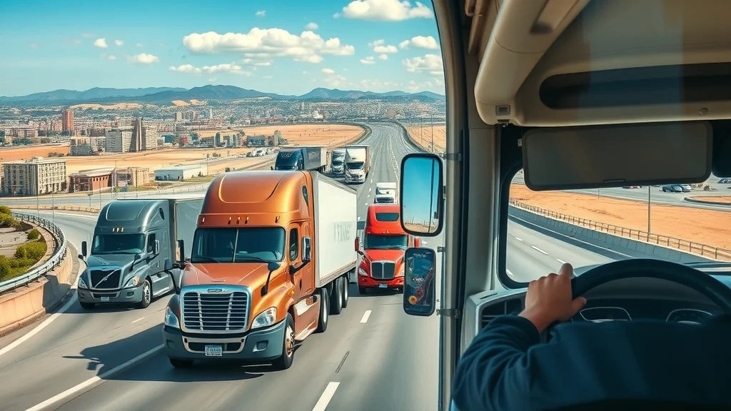 truck fleet in motion trucking management software cityscape highway photorealistic