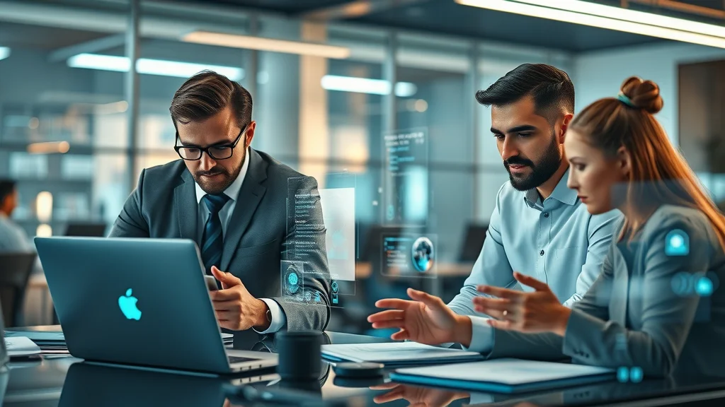small business team collaborates using AI-integrated devices and holographic interfaces in a futuristic office