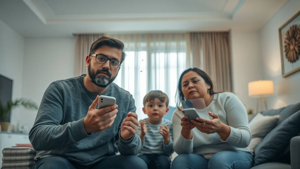 alarming polluted home interior, concerned family, looking at airborne particulates, Photorealistic High Fidelity Lifelike, modern living room with visible dust and haze, highly detailed, floating microscopic particles, sharp focus, cool tones, soft diffused lighting, shot with a 50mm lens. Indoor air purification