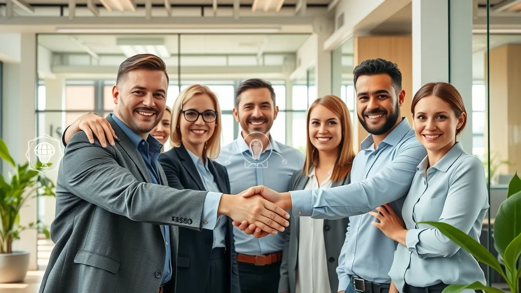 Enterprise team celebrates success in <em>ethical AI governance</em> with digital AI icons