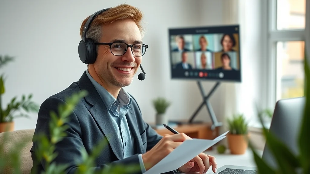 learn business english online—Confident professional taking an online course with headphones, engaged in a home office.