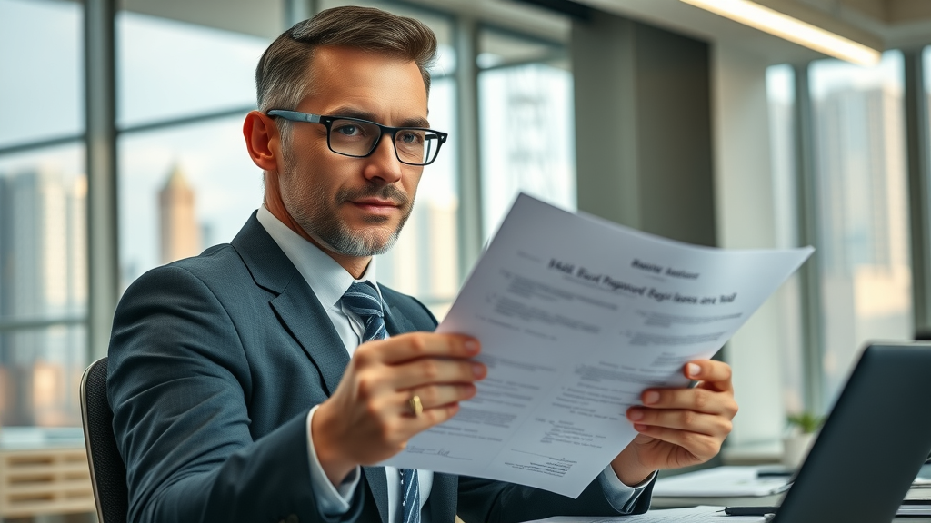 Business owner reviews equipment lease agreements with equipment financing & leasing companies in New York. Executive office interior, digital devices and reports on desk, city skyline views.