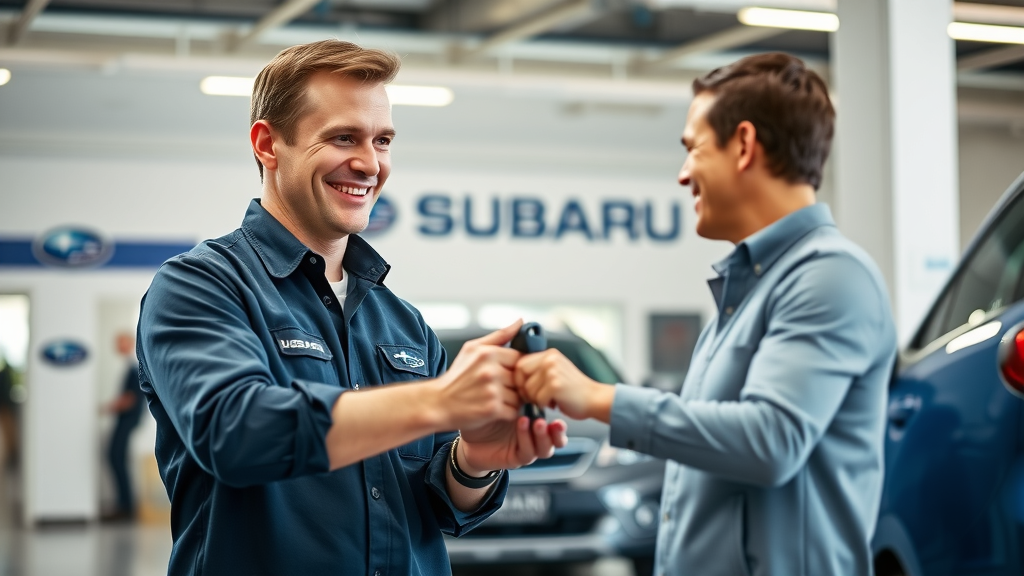 Subaru service technician handing keys to owner, symbolizing reliable Subaru equity shield and advantage program