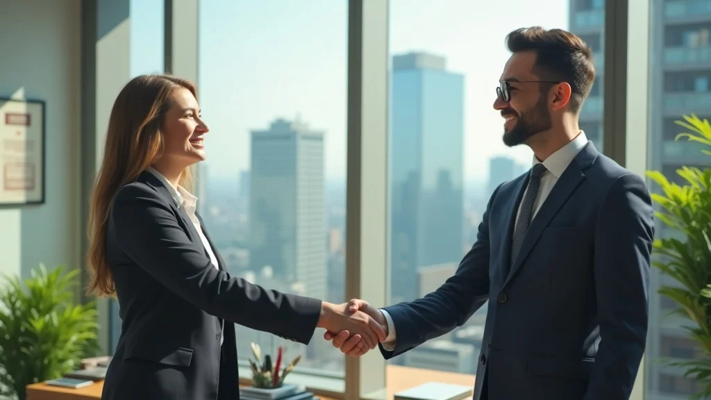 Successful foreign professional shaking hands with an attorney after securing permanent residency in a glass-walled office overlooking a city.