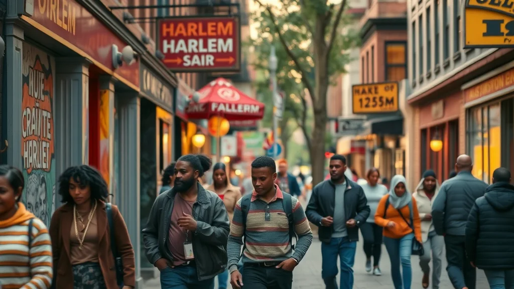 Vibrant Harlem street scene with neighborhood residents interacting along 125th Street in front of historic storefronts, evoking the spirit of harlem business history.