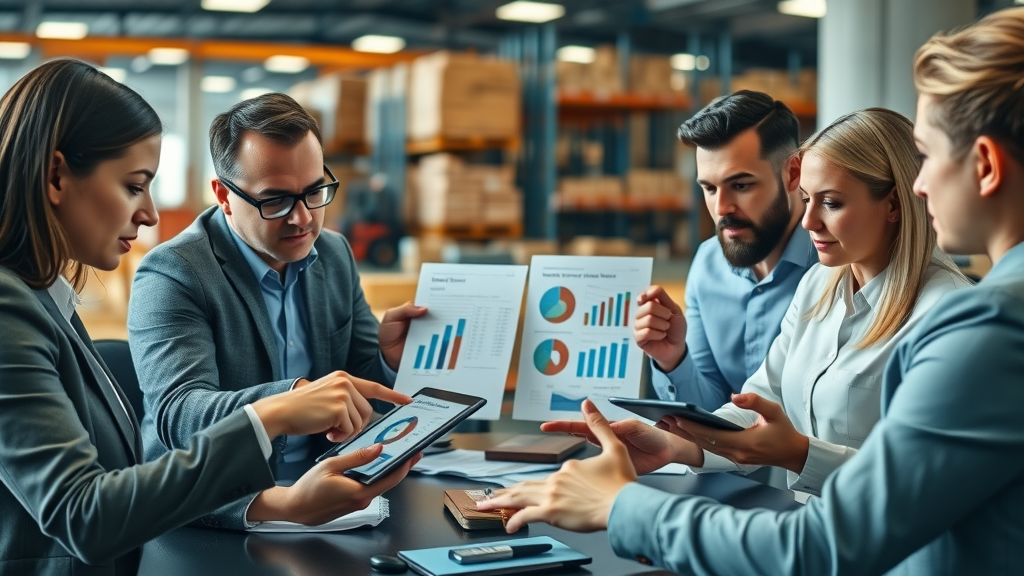 forklift financing options, business team analyzing forklift lease, financial solution for lift trucks in warehouse
