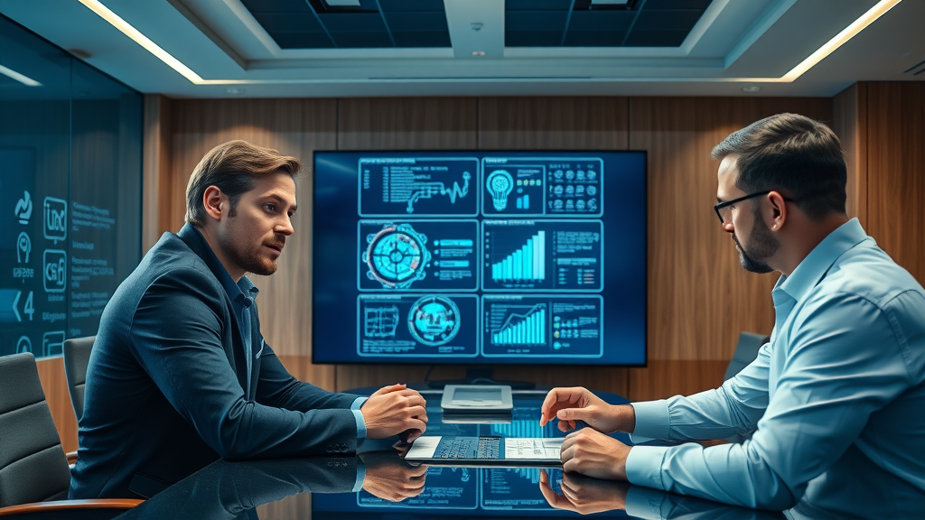 professional IT consultants strategizing AI model integration for generative AI search in a high-tech boardroom