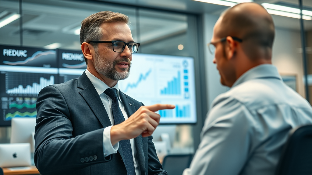 business loan options: consultant explaining business funding comparison chart to client in an office