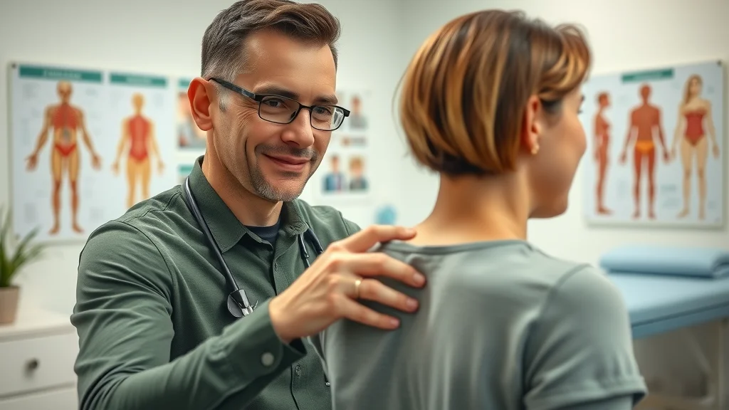 Professional Sacramento chiropractor working with patient, gentle therapeutic movement, bright therapy room with anatomy chart, patient-centered chiropractic care, pain relief and support - sacramento chiropractor, chiropractic care, back pain, pain relief
