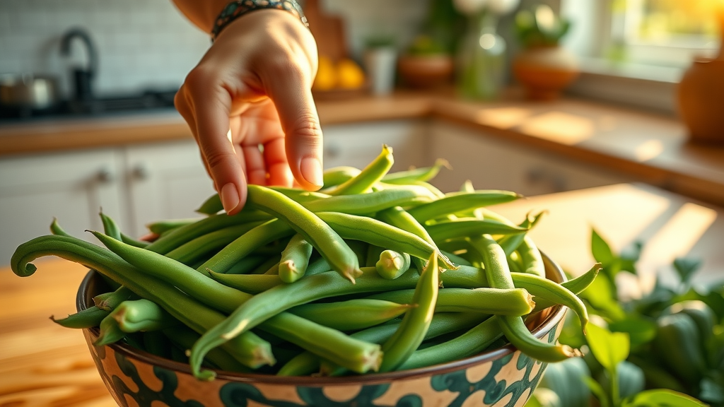 Harvested string beans in a bowl with hands reaching in, highlighting the health benefit of string beans