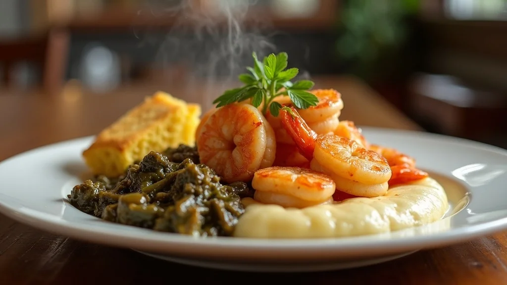 Appetizing Lowcountry cuisine with shrimp and grits, collard greens, and cornbread at a casual Hilton Head restaurant