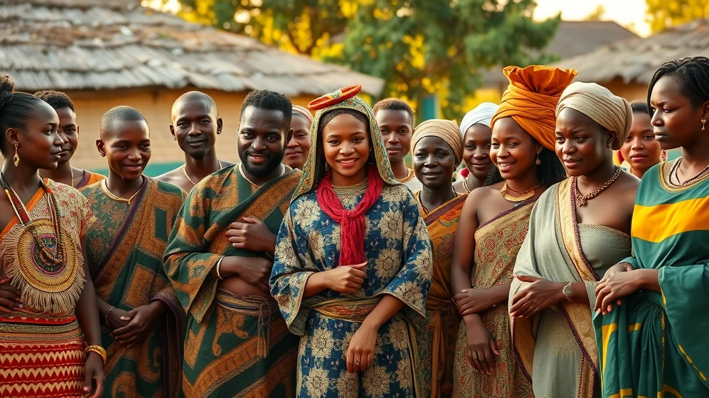 Group portrait of Africans dressed to symbolize the major language families spoken on the continent, set outdoors in a vibrant village with symbolic patterns, highlighting linguistic diversity.