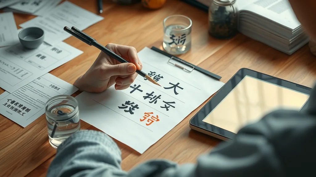 Focused study scene: student practicing kanji stroke order with brush and tablet, combining traditional and digital learning tools for Japanese kanji mastery.