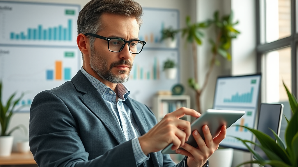 Keyword research for small business: Confident business owner analyzing digital data for seo strategy