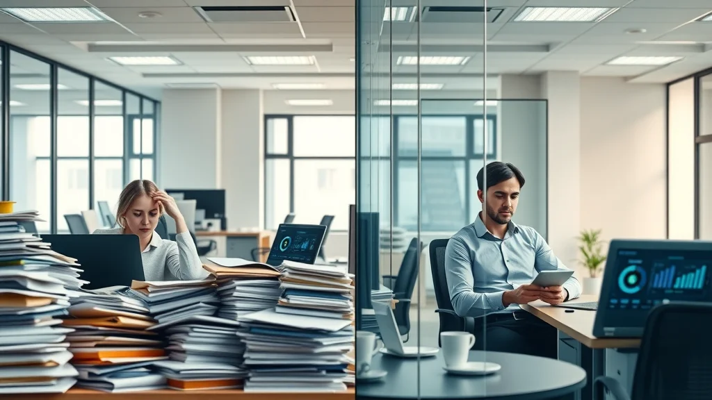 traditional vs AI-powered professional services office split, paperwork stress vs AI dashboard ease, high realism, professional setting