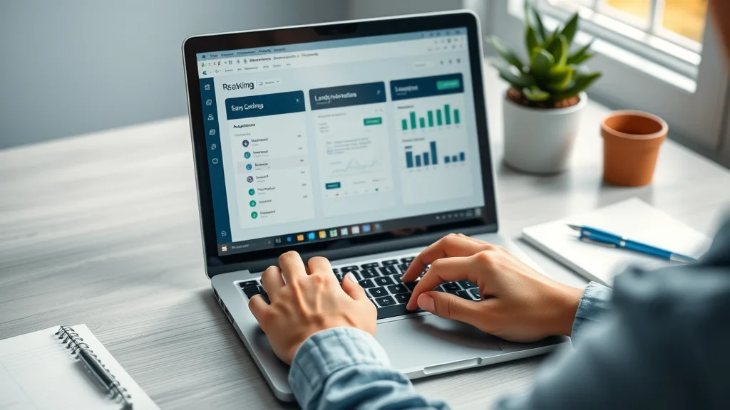 Hands typing on a laptop showing accounting software, capturing a calm and organized digital workspace. Holistic accounting in action.